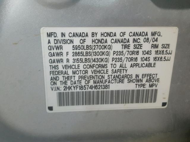 2HKYF18574H621381 - 2004 HONDA PILOT EXL SILVER photo 10