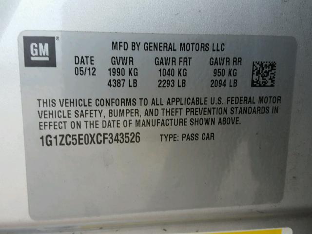 1G1ZC5E0XCF343526 - 2012 CHEVROLET MALIBU 1LT 银色 照片 10