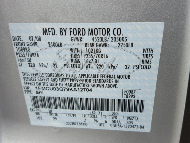 1FMCU03G79KA12704 - 2009 FORD ESCAPE XLT SILVER photo 10