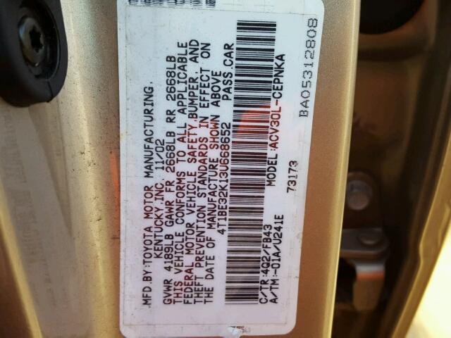 4T1BE32K13U668652 - 2003 TOYOTA CAMRY LE TAN photo 10