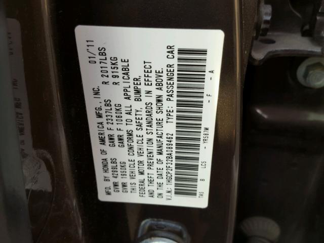 1HGCP2F32BA089462 - 2011 HONDA ACCORD LX GRAY photo 10