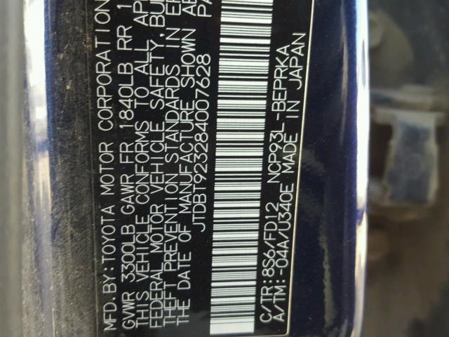 JTDBT923284007628 - 2008 TOYOTA YARIS BLUE photo 10