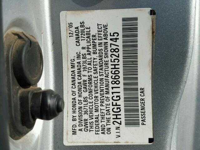 2HGFG11866H528745 - 2006 HONDA CIVIC EX SILVER photo 10