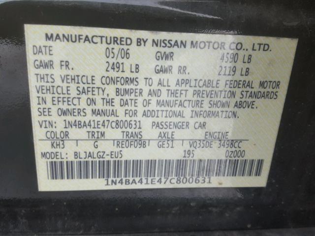 1N4BA41E47C800631 - 2007 NISSAN MAXIMA SE BLACK photo 10