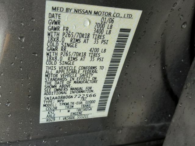 5N1AA08B06N722566 - 2006 NISSAN ARMADA SE GRAY photo 10