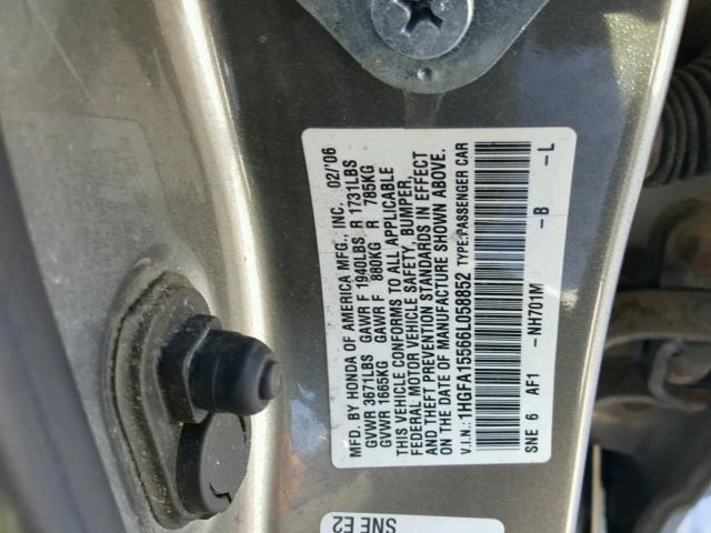 1HGFA15566L058852 - 2006 HONDA CIVIC LX GRAY photo 10