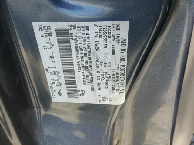 1FMYU60EXYUA43539 - 2000 FORD EXPLORER S BLUE photo 10