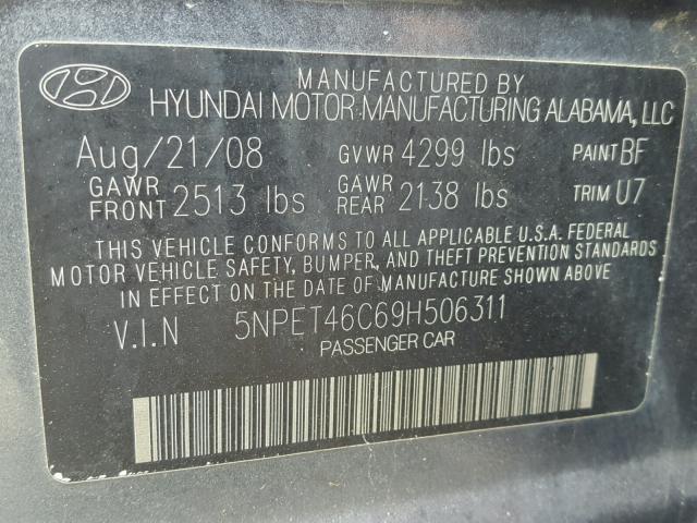 5NPET46C69H506311 - 2009 HYUNDAI SONATA GLS GRAY photo 10