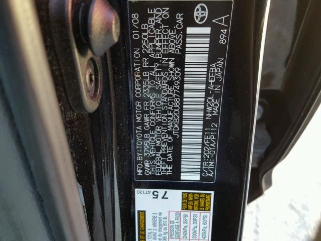 JTDKB20U887749309 - 2008 TOYOTA PRIUS BLACK photo 10