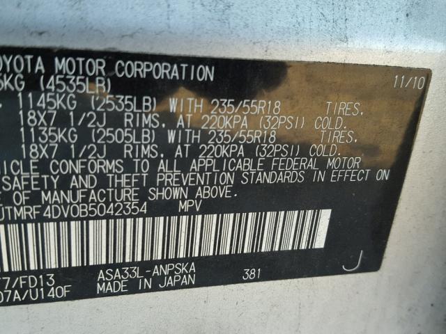 JTMRF4DV0B5042354 - 2011 TOYOTA RAV4 SPORT SILVER photo 10