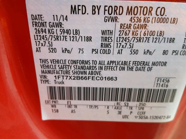 1FT7X2B66FEC01663 - 2015 FORD F250 SUPER RED photo 10