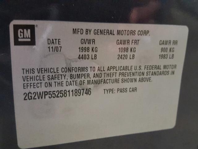 2G2WP552581189746 - 2008 PONTIAC GRAND PRIX BLUE photo 10