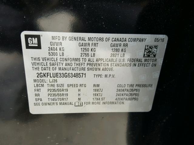 2GKFLUE33G6348571 - 2016 GMC TERRAIN SL BLACK photo 10