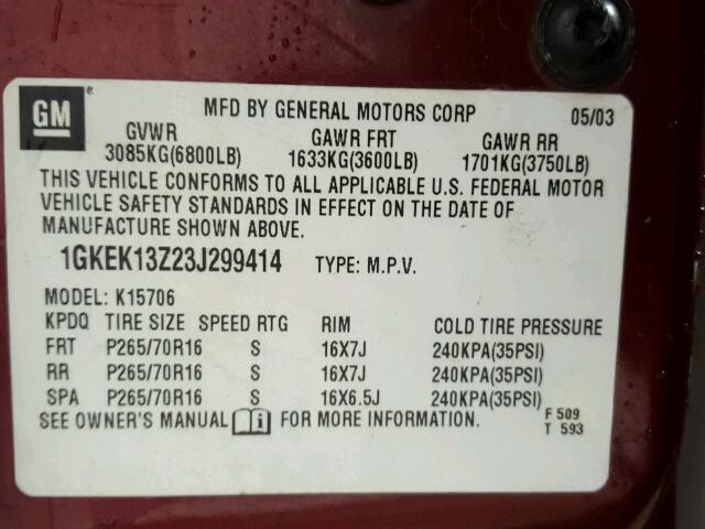 1GKEK13Z23J299414 - 2003 GMC YUKON BURGUNDY photo 10