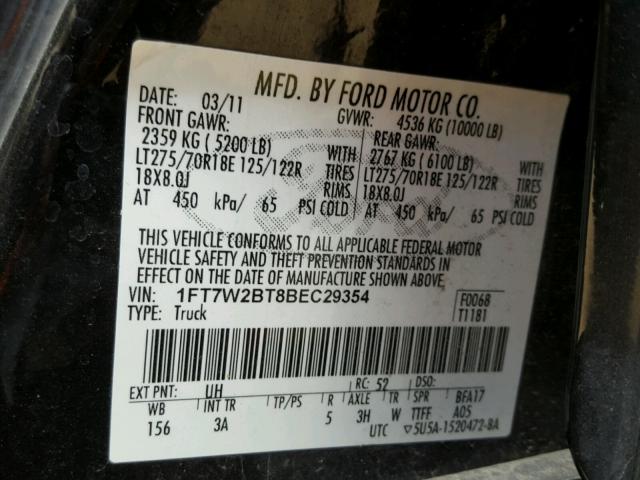 1FT7W2BT8BEC29354 - 2011 FORD F250 SUPER BLACK photo 10