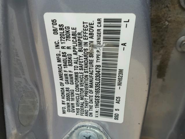 1HGES16535L030478 - 2005 HONDA CIVIC LX SILVER photo 10