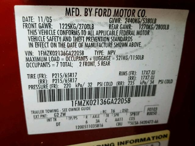 1FMZK02136GA22058 - 2006 FORD FREESTYLE MAROON photo 10