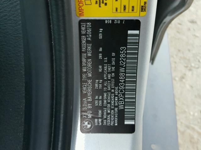 WBXPC93488WJ22853 - 2008 BMW X3 3.0SI SILVER photo 10