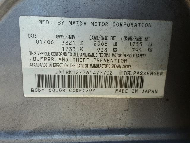 JM1BK12F761477702 - 2006 MAZDA 3 I GRAY photo 10