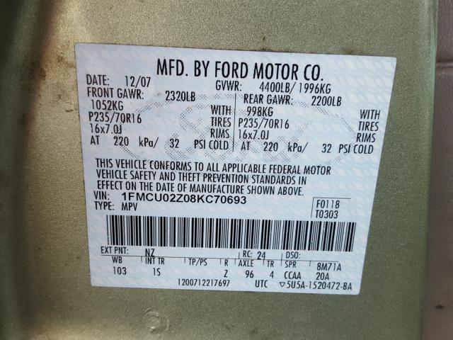 1FMCU02Z08KC70693 - 2008 FORD ESCAPE XLS GREEN photo 10