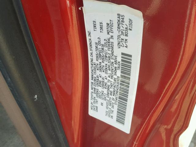 5TEWN72N64Z416928 - 2004 TOYOTA TACOMA XTR RED photo 10