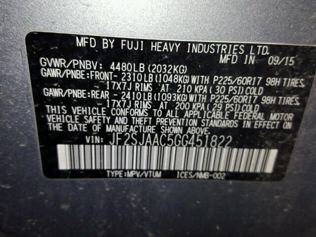 JF2SJAAC5GG451822 - 2016 SUBARU FORESTER 2 SILVER photo 10