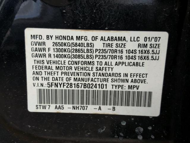 5FNYF28167B024101 - 2007 HONDA PILOT LX BLACK photo 10