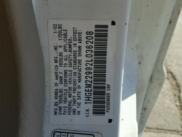 1HGEM22992L036208 - 2002 HONDA CIVIC EX თეთრი ფოტო 10