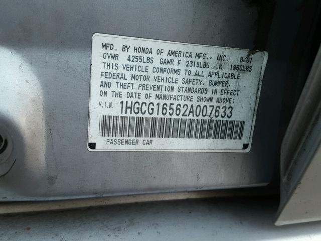 1HGCG16562A007633 - 2002 HONDA ACCORD EX SILVER photo 10