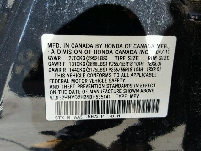 2HNYD2H24BH535141 - 2011 ACURA MDX BLACK photo 10