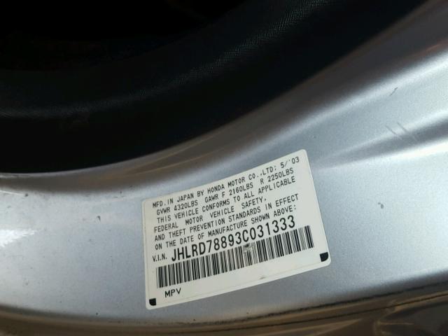 JHLRD78893C031333 - 2003 HONDA CR-V EX SILVER photo 10