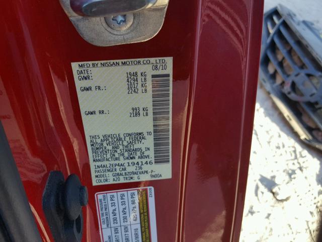 1N4AL2EP4AC194146 - 2010 NISSAN ALTIMA S RED photo 10