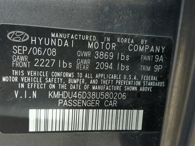 KMHDU46D38U580206 - 2008 HYUNDAI ELANTRA GL GRAY photo 10