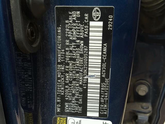 4T1BE30K25U005287 - 2005 TOYOTA CAMRY LE ლურჯი ფოტო 10