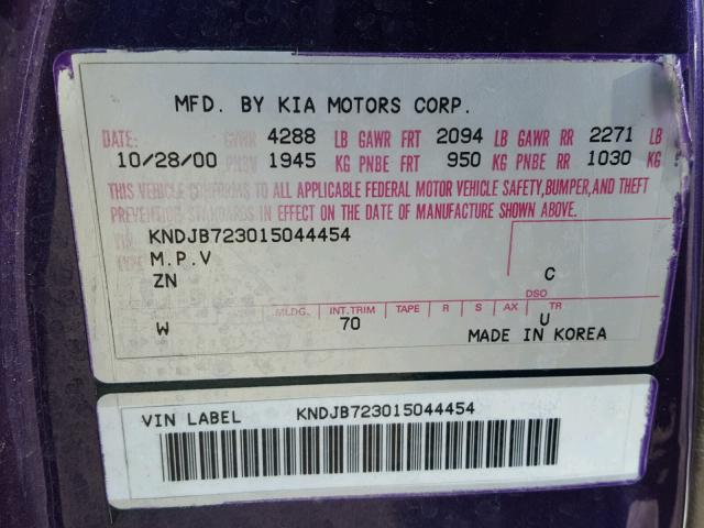 KNDJB723015044454 - 2001 KIA SPORTAGE PURPLE photo 10