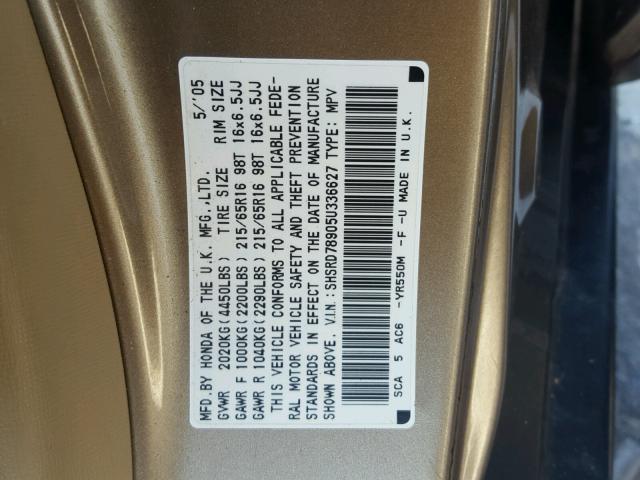 SHSRD78905U336627 - 2005 HONDA CR-V SE GOLD photo 10