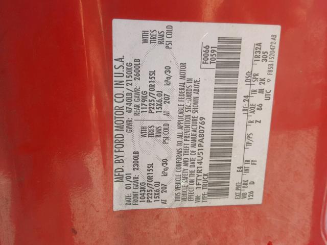 1FTYR14U51PA80769 - 2001 FORD RANGER SUP RED photo 10