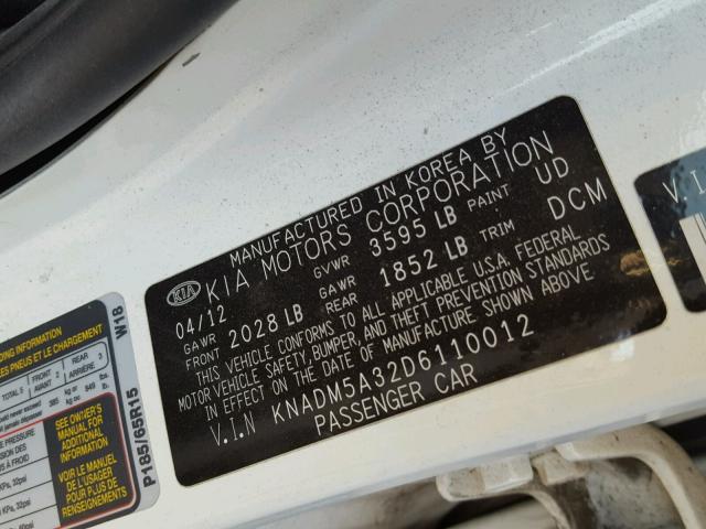 KNADM5A32D6110012 - 2013 KIA RIO LX WHITE photo 10