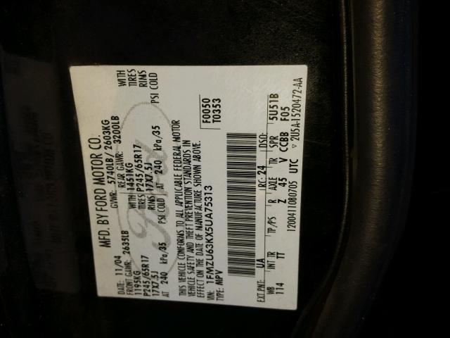 1FMZU63KX5UA75313 - 2005 FORD EXPLORER X BLACK photo 10