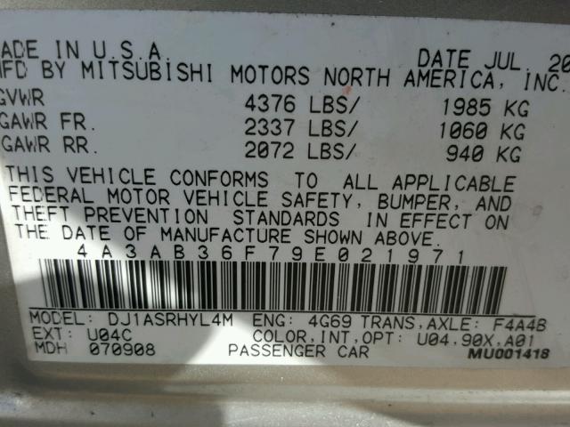 4A3AB36F79E021971 - 2009 MITSUBISHI GALANT ES SILVER photo 10