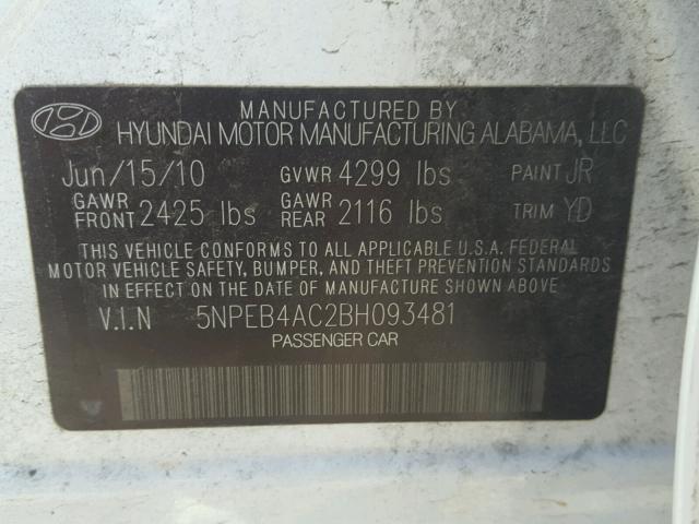 5NPEB4AC2BH093481 - 2011 HYUNDAI SONATA GLS WHITE photo 10