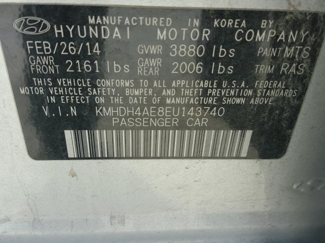 KMHDH4AE8EU143740 - 2014 HYUNDAI ELANTRA SE SILVER photo 10