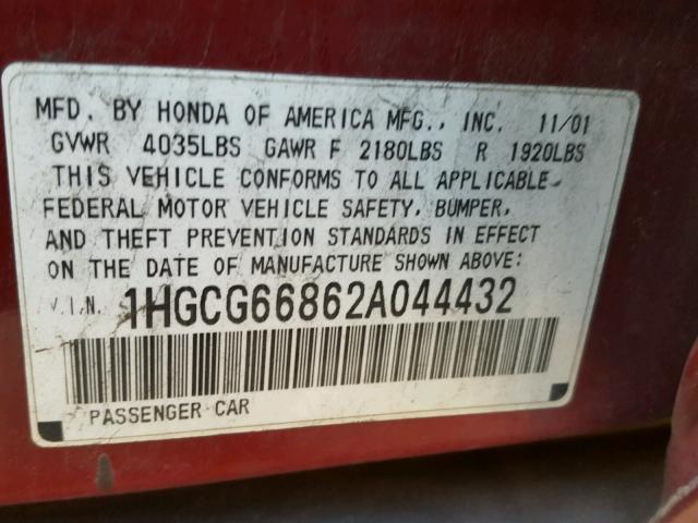 1HGCG66862A044432 - 2002 HONDA ACCORD EX RED photo 10