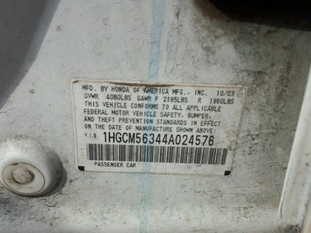 1HGCM56344A024576 - 2004 HONDA ACCORD LX WHITE photo 10