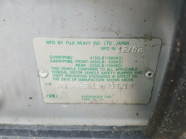 JF1SG63613H757217 - 2003 SUBARU FORESTER 2 SILVER photo 10