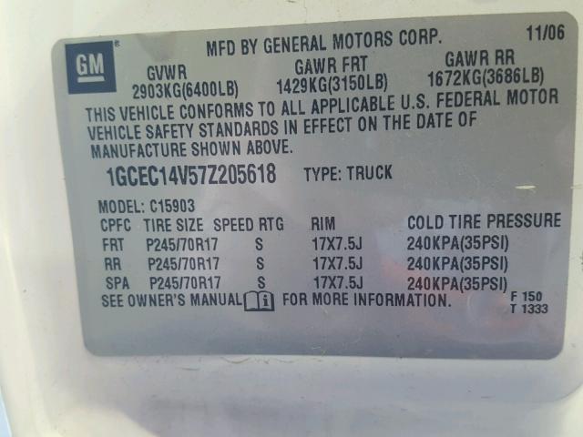 1GCEC14V57Z205618 - 2007 CHEVROLET SILVERADO WHITE photo 10