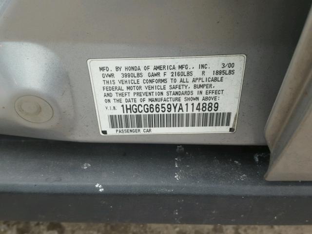 1HGCG6659YA114889 - 2000 HONDA ACCORD LX SILVER photo 10