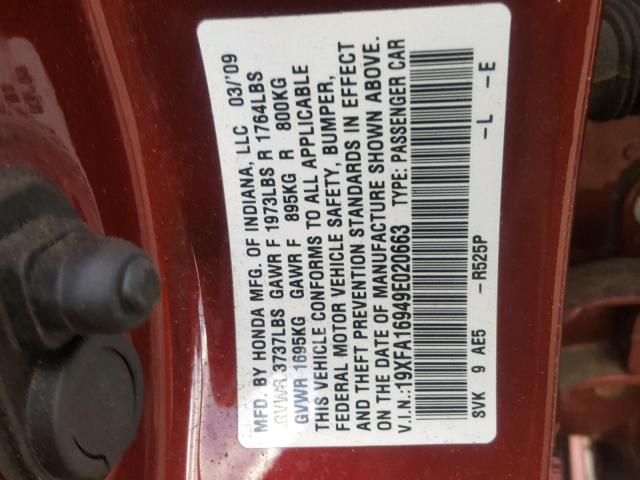 19XFA16949E020663 - 2009 HONDA CIVIC EXL 栗色 照片 10