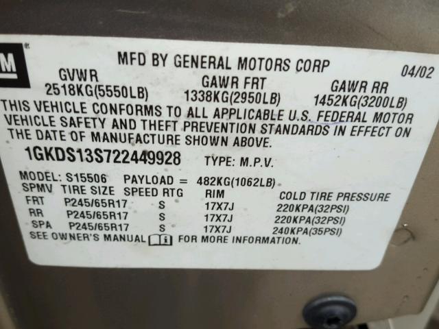 1GKDS13S722449928 - 2002 GMC ENVOY SILVER photo 10