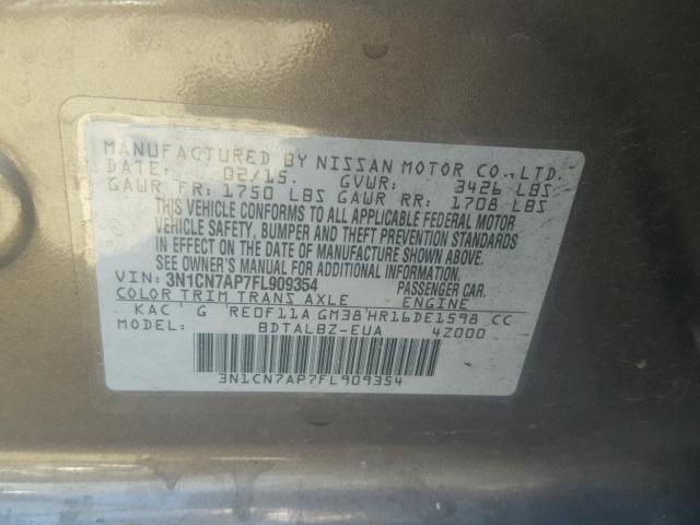 3N1CN7AP7FL909354 - 2015 NISSAN VERSA S GRAY photo 10